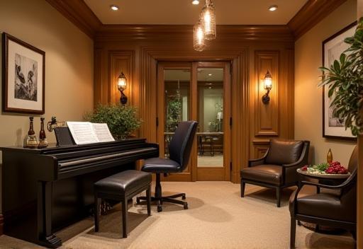 Interior image of the vocal studio with warm lighting and piano