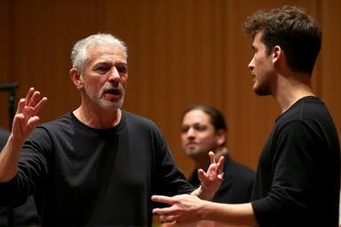 Experienced vocal coach instructing a student in a masterclass setting
