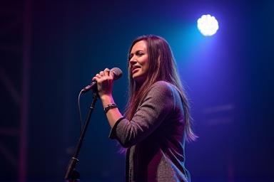 Singer performing on a small stage with microphone