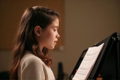 Student practicing singing with sheet music